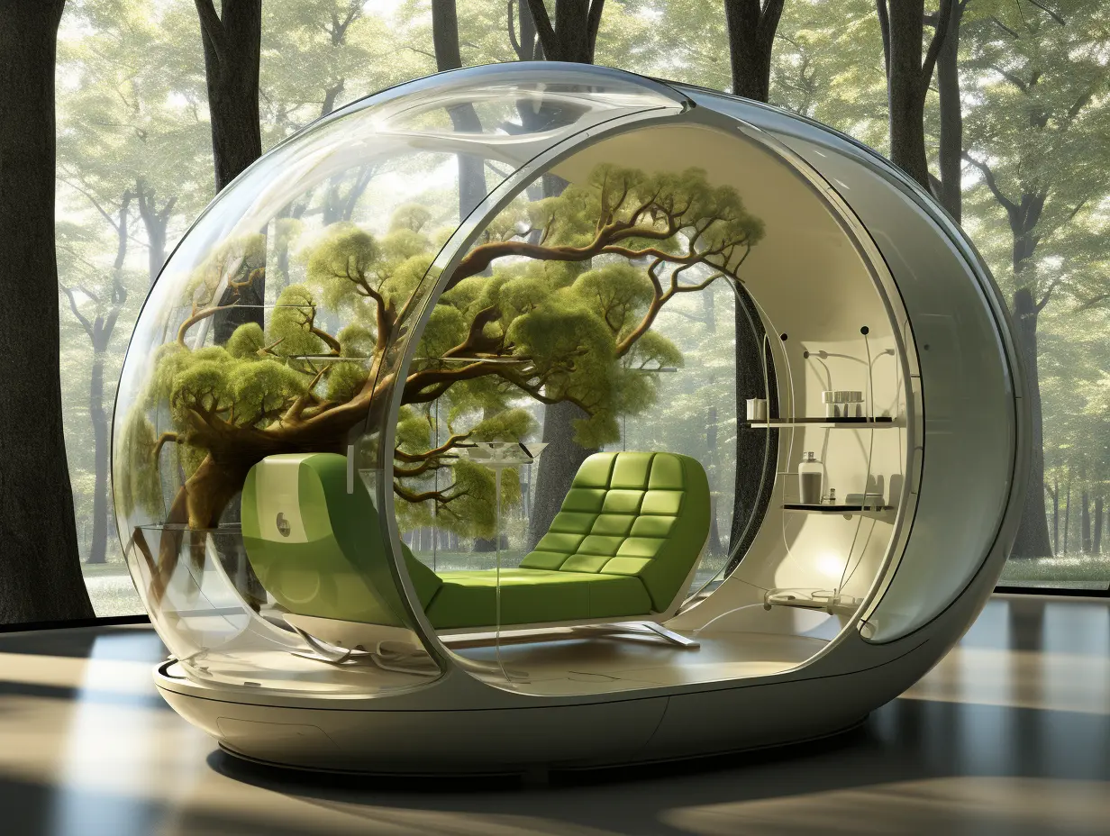 A futuristic therapy room, representing the innovative approach of Chrysalis Ketamine towards treating depression and anxiety.